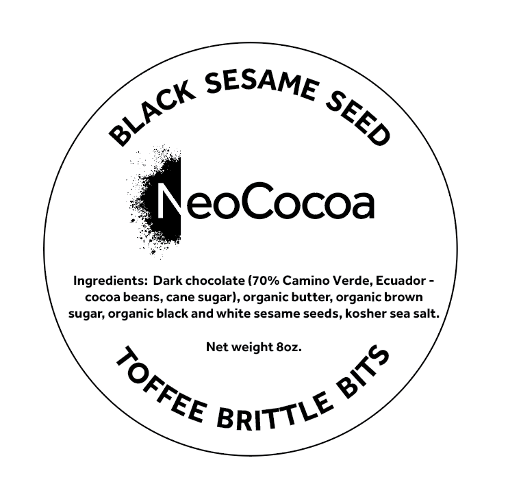 Round, black text on white label paper with title, ingredients, NeoCocoa logo and net weight .