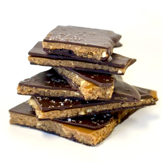 Stack of chocolate-peanut butter toffee brittle on a white background