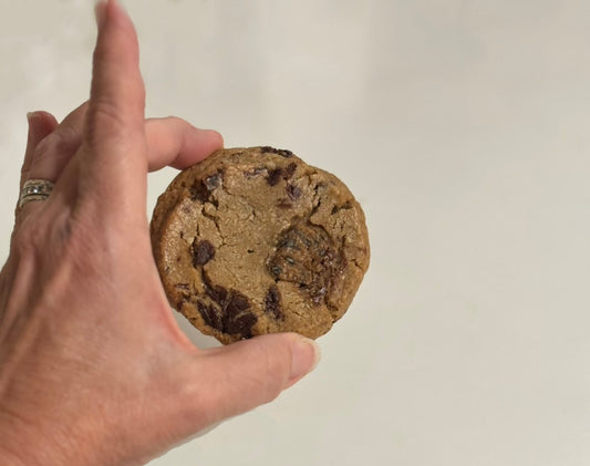 Hand holding a chocolate cookie with black sesame seed toffee brittle bits against a plain background