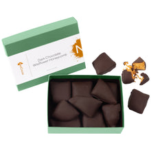 Load image into Gallery viewer, 2 dimensional angle of opened 3oz green box with title of "Dark Chocolate Wildflower Honeycomb" with golden colored NeoCocoa logo and 3oz pile of chocolate covered honeycomb candy pieces inside the box bottom. One piece of candy broken open to expose honeycomb candy inside.