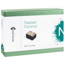 Load image into Gallery viewer, Closed 2 dimensional green rectangle box with a label wrapped around the center of the box stating, “Toasted Coconut” with NeoCocoa logo and net weight 2.4 oz (69g). With a single image of a coconut truffle with a little bit of cocoa powder sprinkles.