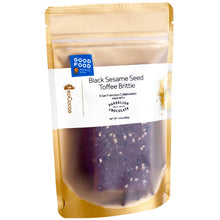 Load image into Gallery viewer, Sealed sesame brittle, front 3oz sized gold bag with label stating “Black Sesame Seed Toffee Brittle” collaboration with Dandelion Chocolate and NeoCocoa logo, with Good Food Award sticker