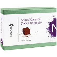 Load image into Gallery viewer, Closed 2 dimensional green rectangle box with a label wrapped around the center of the box stating, “Salted Caramel Dark Chocolate” with NeoCocoa logo and net weight 2.4 oz (69g). With a single image of the truffle with a little bit of cocoa powder sprinkles.