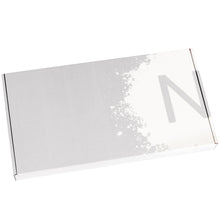 Load image into Gallery viewer, Closed silver colored rectangle brittle gift box showing NeoCocoa logo on lid in white.