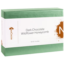 Load image into Gallery viewer, 2 dimensional angle of closed 3oz green box with a white label wrapped through the center of the box titled "Dark Chocolate Wildflower Honeycomb" with golden colored NeoCocoa logo and net weight 3.0 (85g)