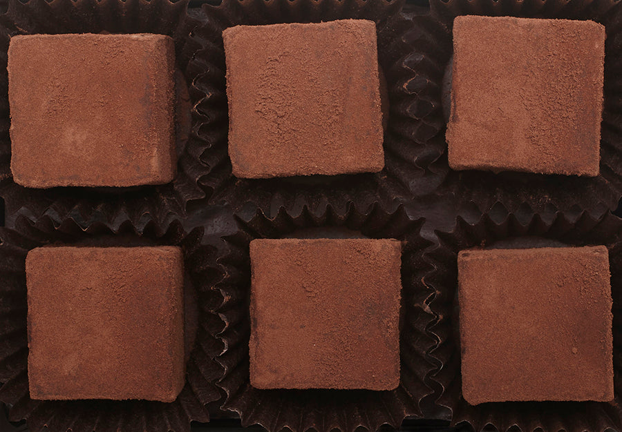 View from above of the opened “Salted Caramel Dark Chocolate” with six cube-shaped, cocoa coated chocolate truffles arranged in two rows, 3 truffles per row, each in paper candy cup.