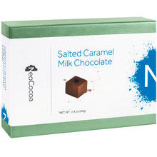 Load image into Gallery viewer, Closed 2 dimensional green rectangle box with a label wrapped around the center of the box stating, “Salted Caramel Milk Chocolate” with NeoCocoa logo and net weight 2.4 oz (69g). With a single image of the truffle with a little bit of cocoa powder sprinkles.