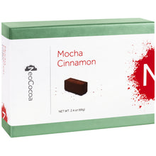 Load image into Gallery viewer, Closed 2 dimensional green rectangle box with a label wrapped around the center of the box stating, “Mocha Cinnamon” with NeoCocoa logo and net weight 2.4 oz (69g). With a single image of the truffle with a little bit of cocoa powder sprinkles