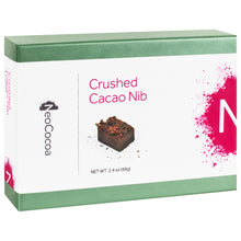Load image into Gallery viewer, Closed 2 dimensional green rectangle box with a label wrapped around the center of the box stating, “Crushed Cacao Nib” with NeoCocoa logo and net weight 2.4 oz (69g). With a single image of a nib truffle with a little bit of cocoa powder sprinkles.