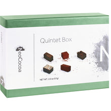 Load image into Gallery viewer, Closed 2 dimensional green rectangle box with a label wrapped around the center of the box stating, “Quintet Box” with NeoCocoa logo and net weight 2.0 oz (57g). With an image of each of the 5 truffles flavors found inside: Almond butter, Cacao Nib, Lime, Coconut and Mocha Cinnamon
