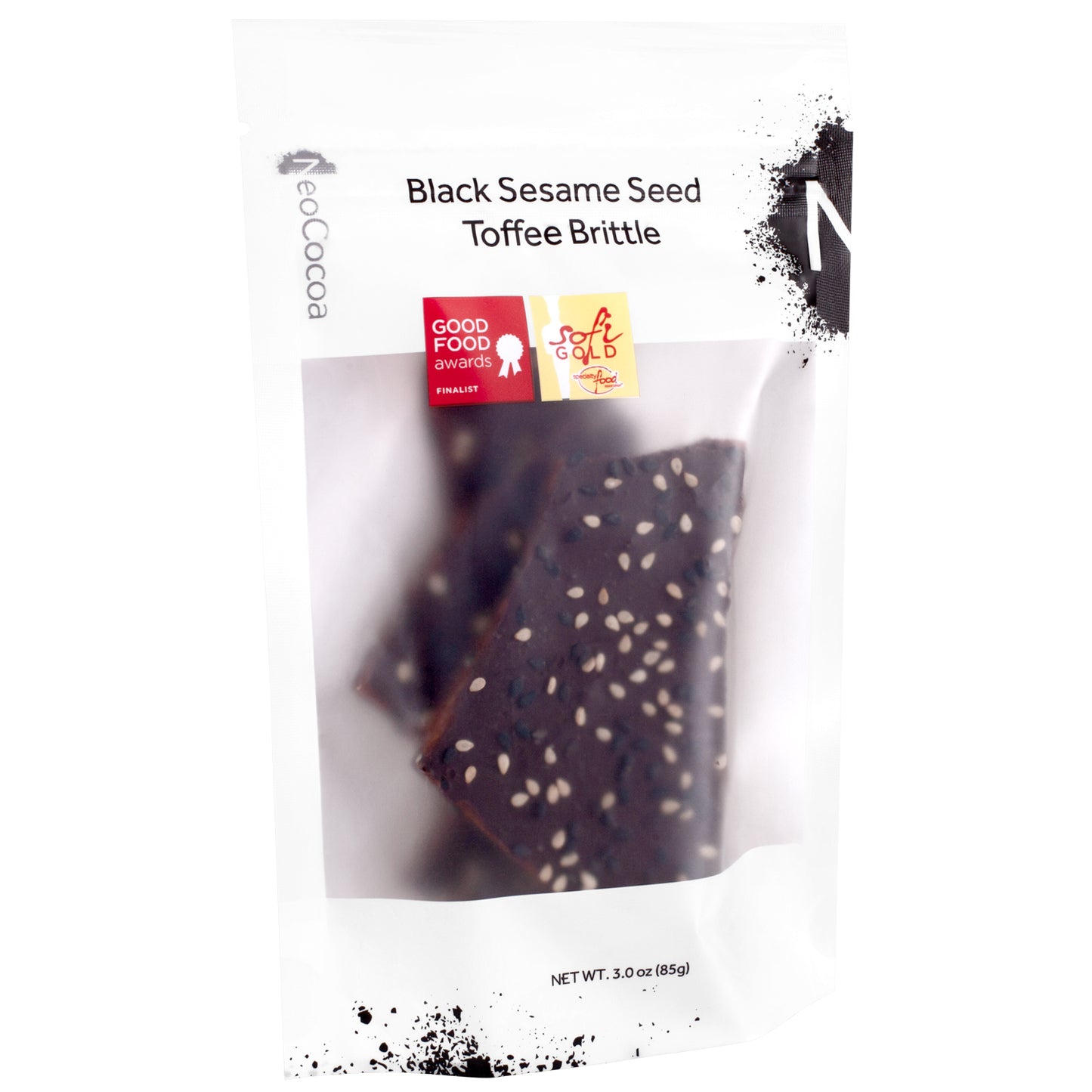 Sesame brittle closed bag, front 3oz sized bag with label stating “Black Sesame Seed Toffee Brittle” and NeoCocoa logo, with a Good Food Award sticker and a SOFI Gold award sticker.