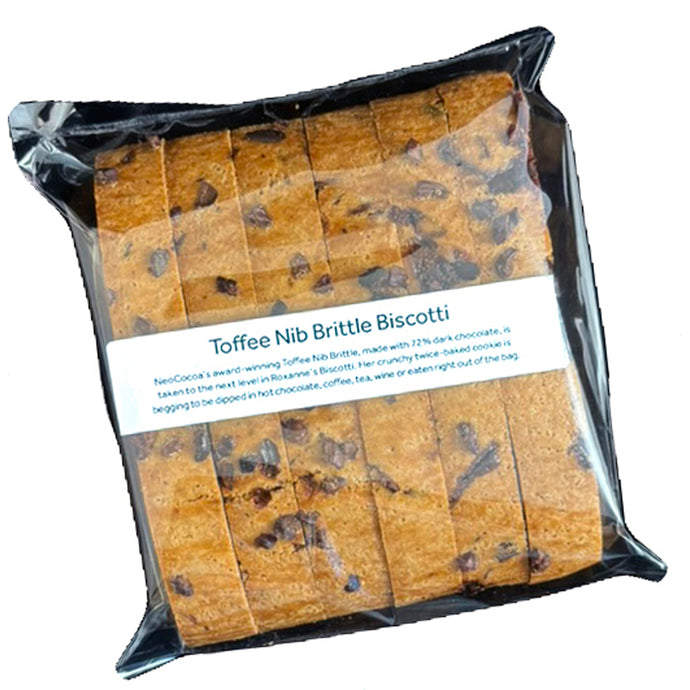 Clear bag with 6 pieces of toffee nib biscotti with a label stating 