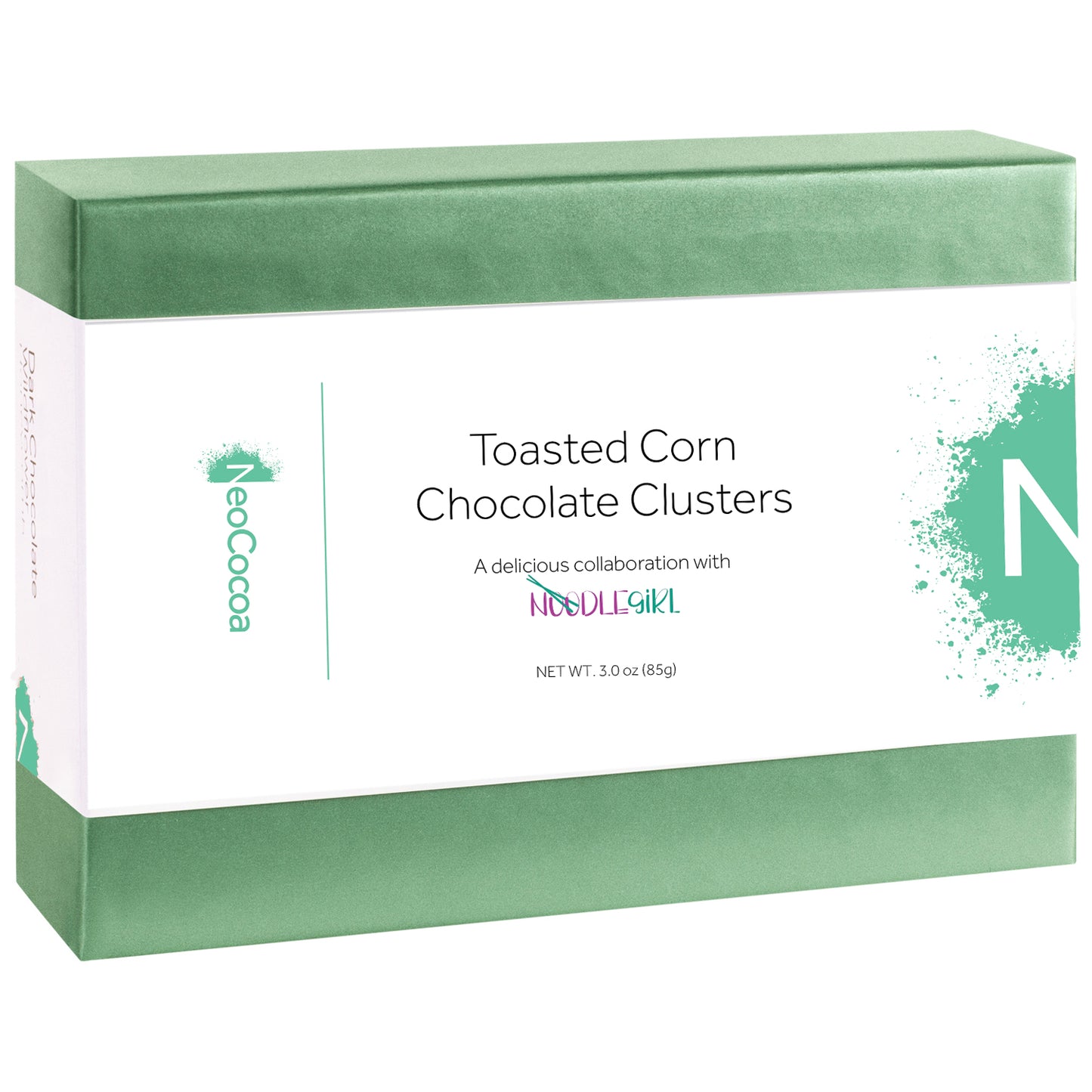 A rectangular box of NoCocoa Toasted Corn Chocolate Clusters, featuring a white label with green accents and text, set against a plain white background.