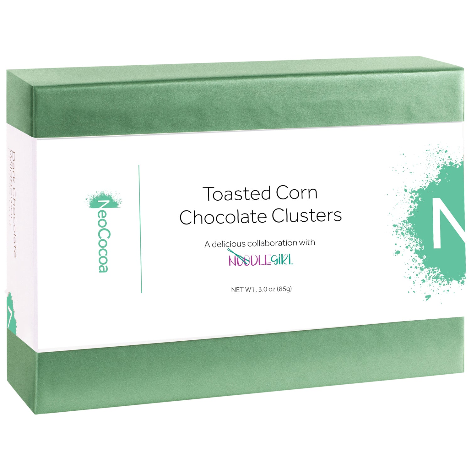 A rectangular box of NoCocoa Toasted Corn Chocolate Clusters, featuring a white label with green accents and text, set against a plain white background.