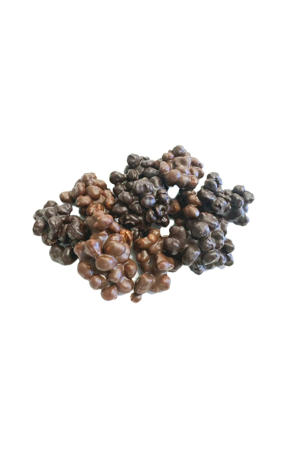 A cluster of small, irregularly shaped dark brown and black textured pieces, resembling dried berries or a decorative cluster, isolated on a white background.