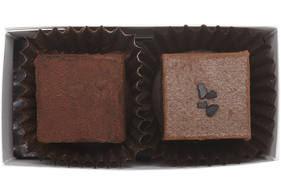 Above view and inside the rectangle box, 1 cube shaped dark salted caramel truffle (coated in cocoa powder) and 1 cube shaped milk caramel truffle with a few flakes of black salt in the center. Each truffle is in a brown paper candy cup. 