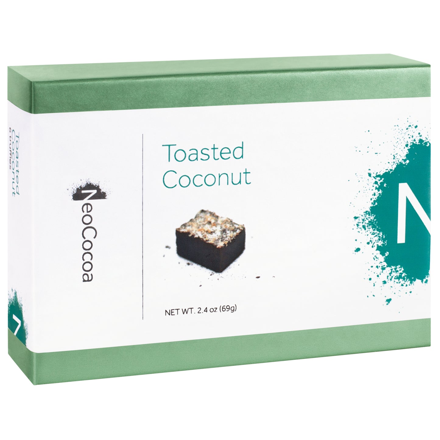 Closed 2 dimensional green rectangle box with a label wrapped around the center of the box stating, “Toasted Coconut” with NeoCocoa logo and net weight 2.4 oz (69g). With a single image of a coconut truffle with a little bit of cocoa powder sprinkles. 