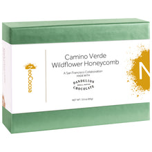 Load image into Gallery viewer, 2 dimensional angle of closed 3oz box with title of &quot;Camino Verde Wildflower Honeycomb&quot; and NeoCocoa and Dandelion Chocolate logos