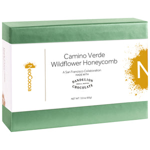 2 dimensional angle of closed 3oz box with title of "Camino Verde Wildflower Honeycomb" and NeoCocoa and Dandelion Chocolate logos