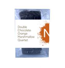 Load image into Gallery viewer, Front side of dark chocolate covered chocolate marshmallows in the clear bag in a clear box, wrapped with a label stating “Double Chocolate Orange Marshmallow Quartet” and NeoCocoa logo.