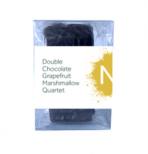 Load image into Gallery viewer, Front side of dark chocolate covered chocolate marshmallows in the clear bag inside of a clear plastic box, wrapped with a label stating “Double Chocolate Grapefruit Marshmallow Quartet” with yellow NeoCocoa logo.