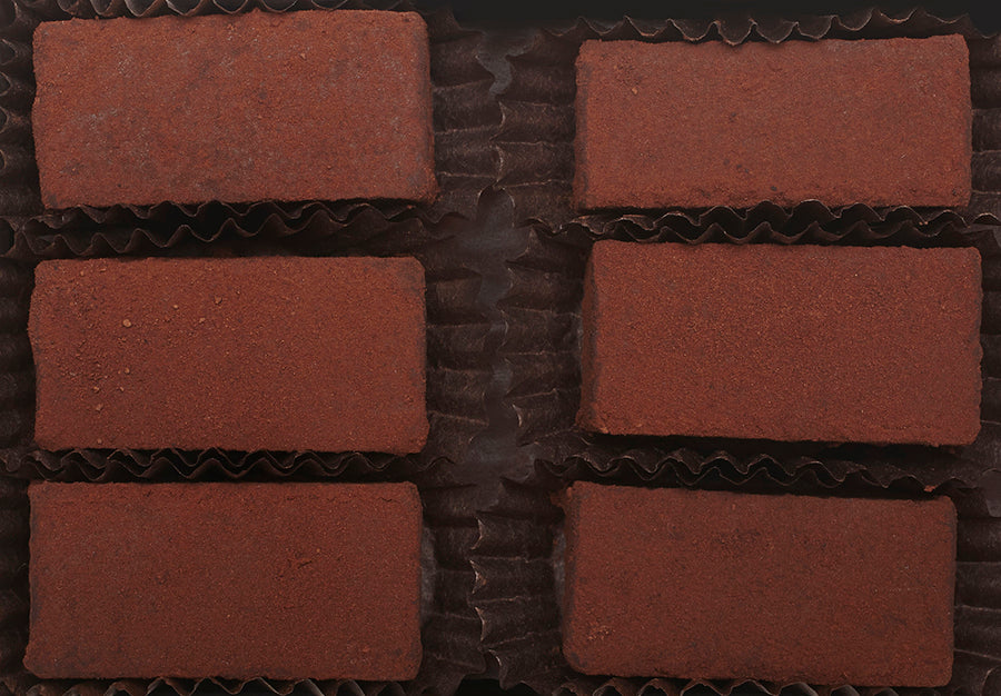 View from above of the opened “Mocha Cinnamon” with six rectangle-shaped chocolate truffles arranged in two rows, 3 truffles per row, each in paper candy cup.