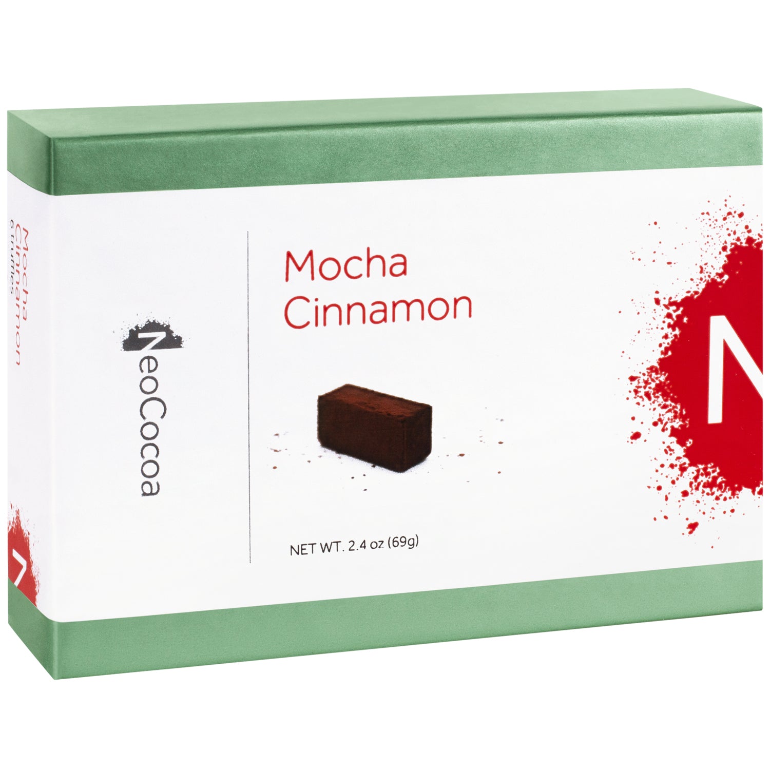 Closed 2 dimensional green rectangle box with a label wrapped around the center of the box stating, “Mocha Cinnamon” with NeoCocoa logo and net weight 2.4 oz (69g). With a single image of the truffle with a little bit of cocoa powder sprinkles