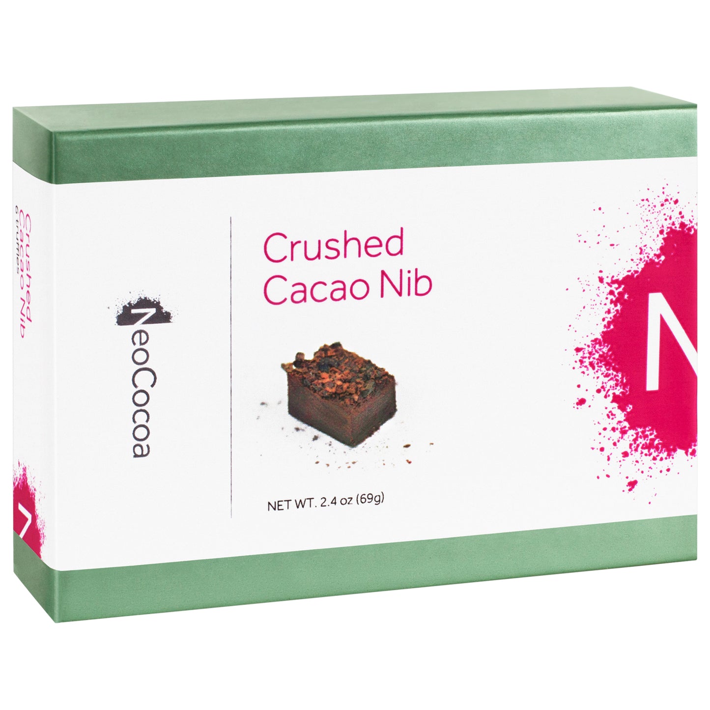 Closed 2 dimensional green rectangle box with a label wrapped around the center of the box stating, “Crushed Cacao Nib” with NeoCocoa logo and net weight 2.4 oz (69g). With a single image of a nib truffle with a little bit of cocoa powder sprinkles. 