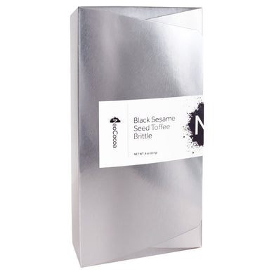 2 dimensional angle of closed 8oz box with title of “Black Sesame Seed Toffee Brittle” and NeoCocoa logo