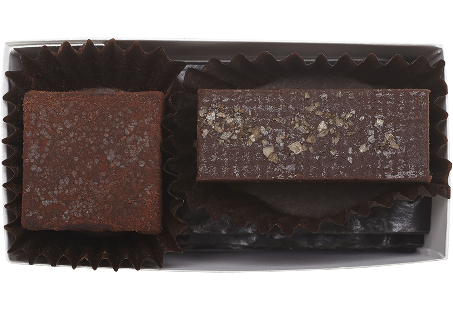 Above view and inside the rectangle box, one cube shaped Zested Lime truffle (coated in cocoa powder) and one rectangle shaped almond butter truffle with a few flakes of salt. Each truffle is in a brown paper candy cup. 